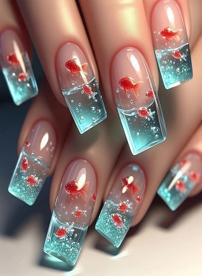 GRITOSE 24Pcs Long Square Press on Nails Thick Fake Nails Blue French Tip False Nails with Goldfish Pattern Design Artificial Acrylic Nails Press ons Reusable Coffin Nail Holiday Glue on Nail for Women - Image 1